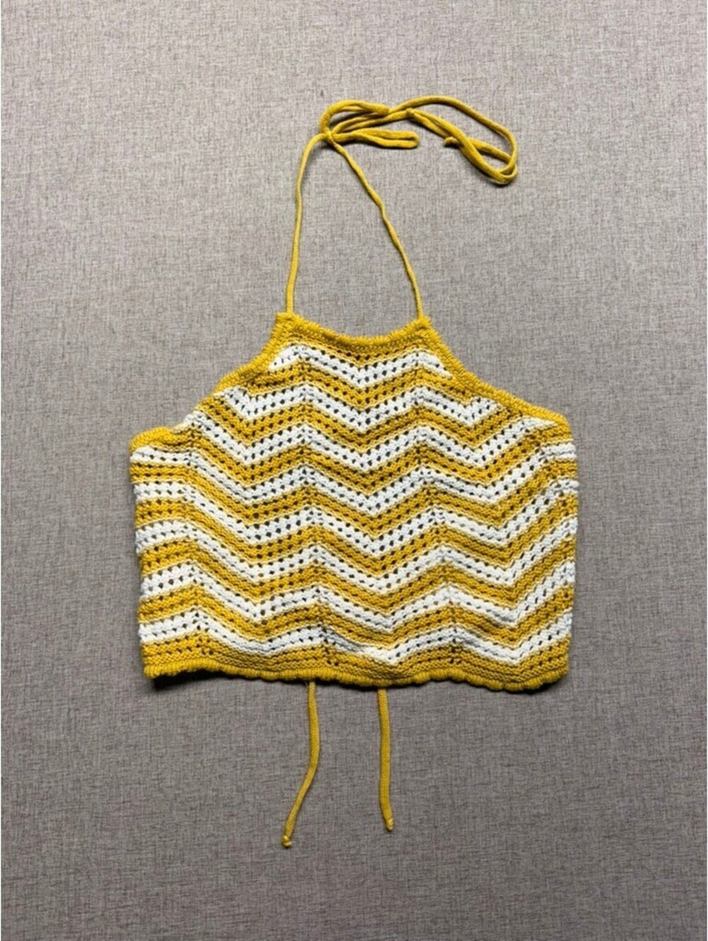 Lush Yellow White Chevron Crochet Knit Halter Crop Top Size M